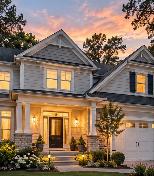 Welcoming two-story home at sunset